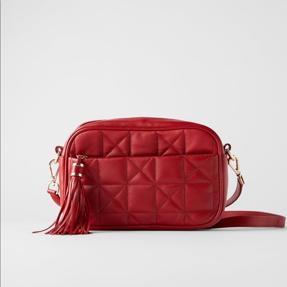 ZARA BNWT Red Quilted Leather Crossbody Bag - Picture 1 of 5